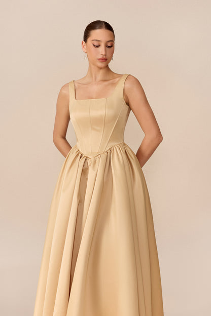 Khaki satin square neck corset maxi dress - view 3
