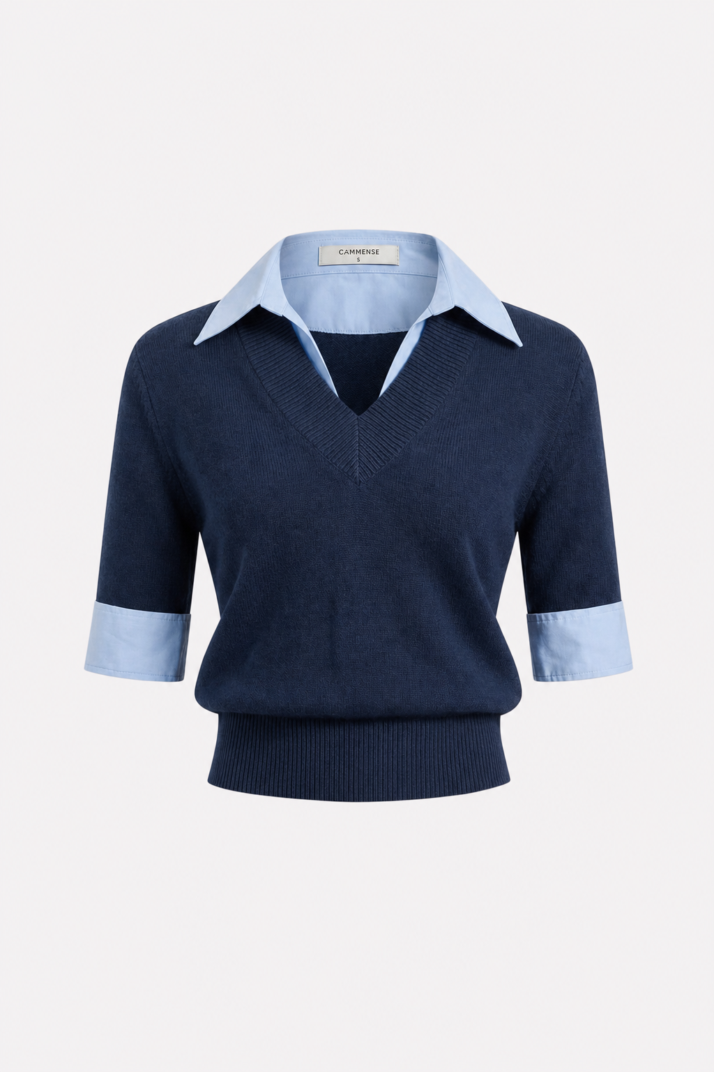 Contrast Collar Knit Top, Elbow Sleeves - view 8