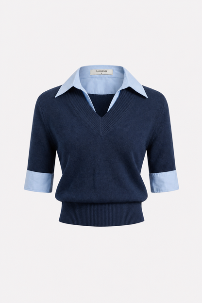 Contrast Collar Knit Top, Elbow Sleeves - view 8