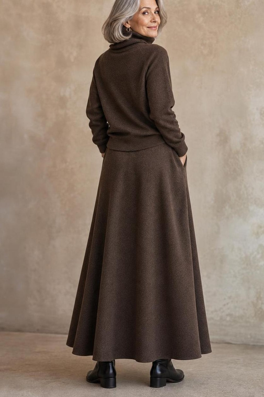 Fleece Knit Turtleneck Sweater And Maxi Skirt Set - 3