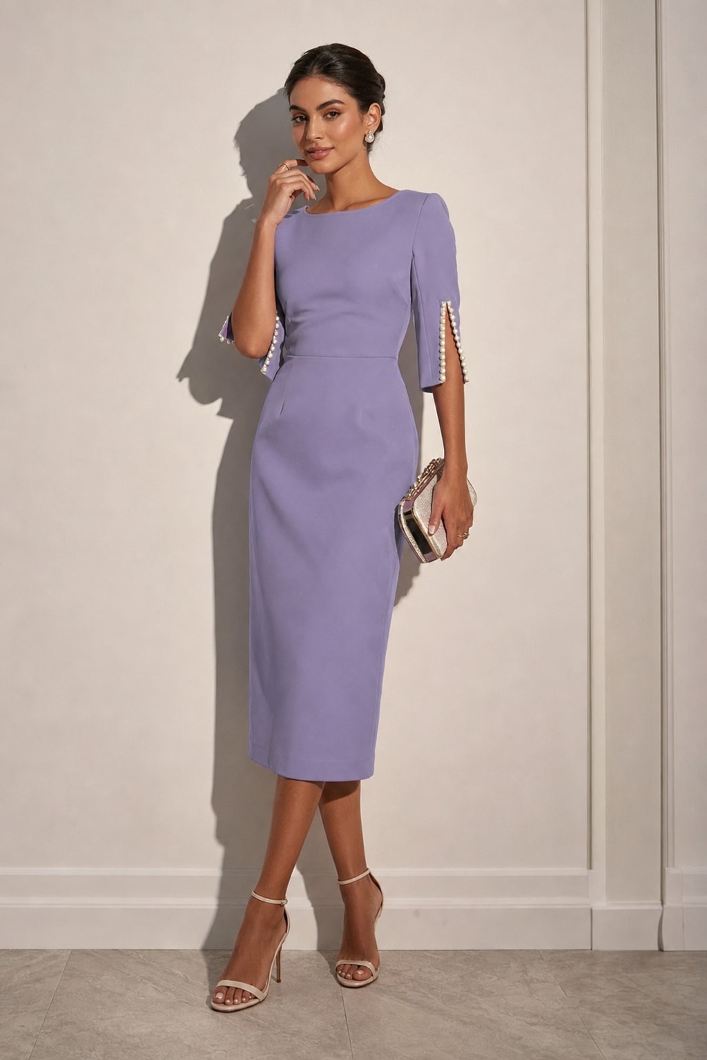 Pearl-Embellished Sheath Midi Dress With Crew Neck - 12