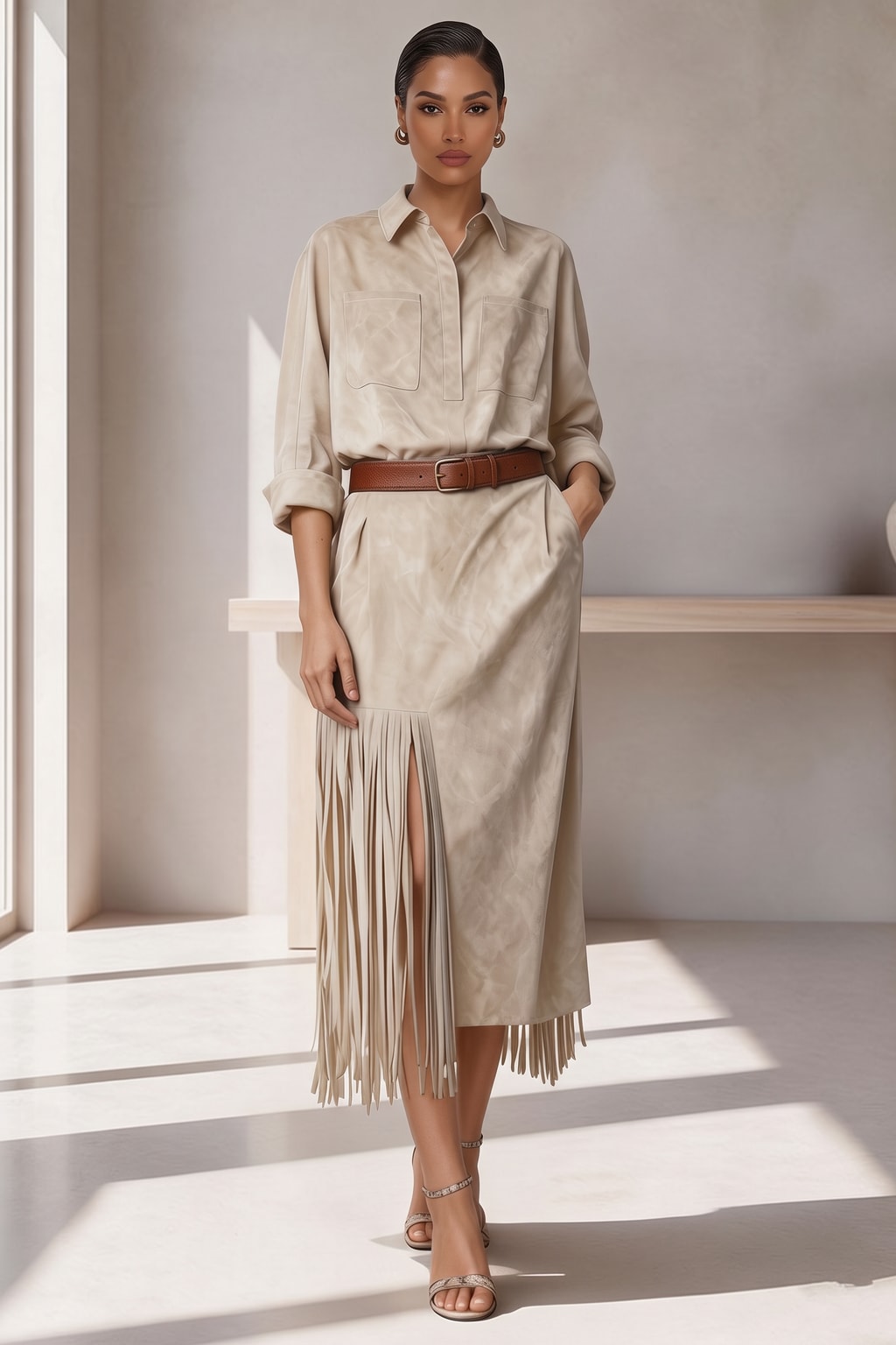 Faux Suede Midi Shirt Dress With Fringed Hem - 6