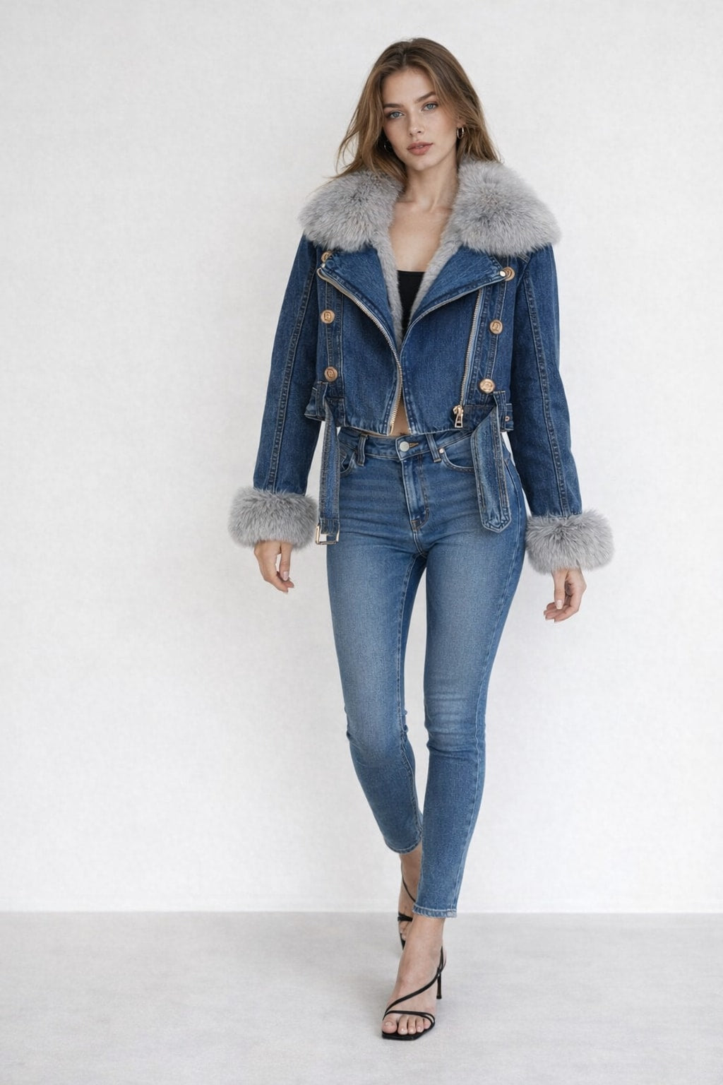 Denim Jacket with Faux-Fur Trim and Oversized Collar - 3