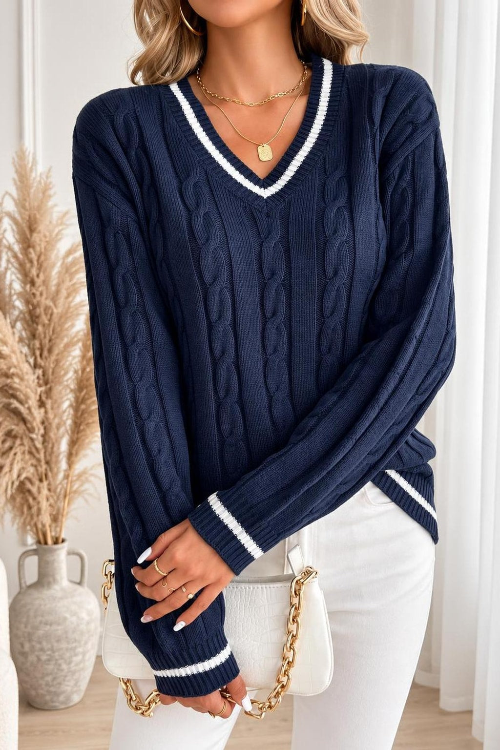 Cable Knit V-Neck Sweater - 6
