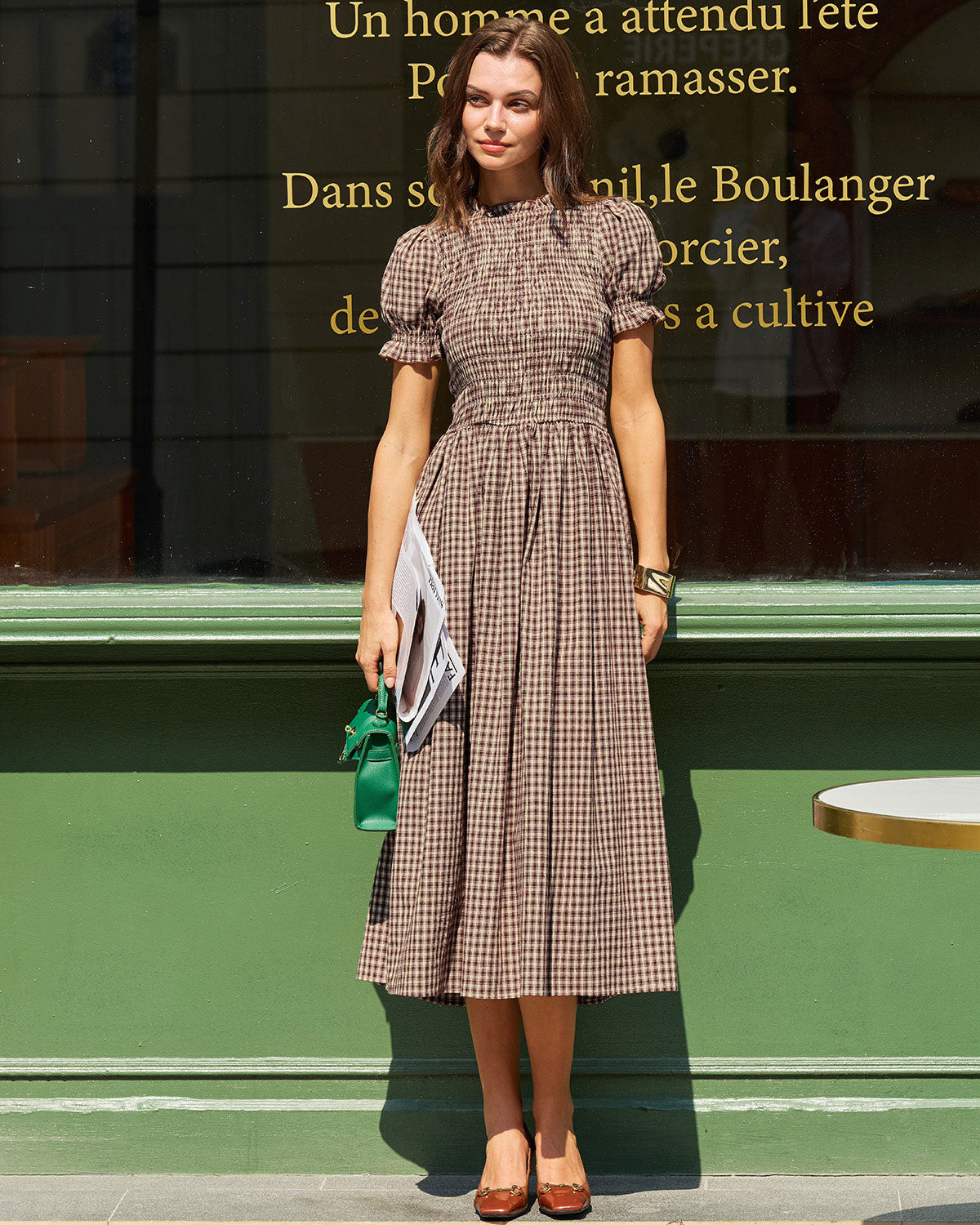 Plaid Puffed Sleeve Shirred Waist Midi Dress - view 2
