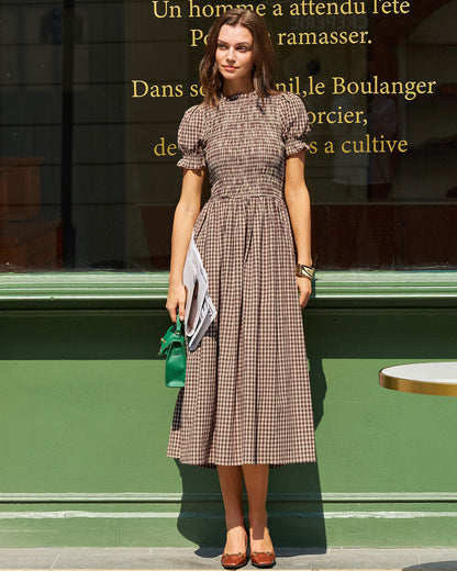 Plaid Puffed Sleeve Shirred Waist Midi Dress - view 2