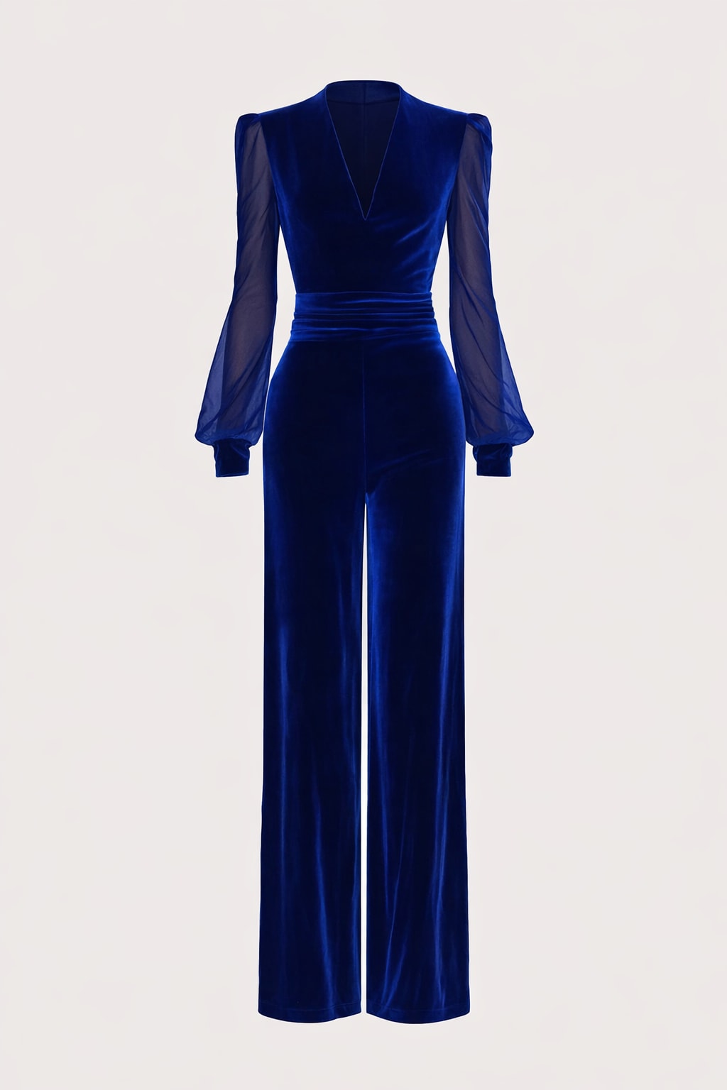 Velvet Jumpsuit With Sheer Balloon Sleeves - 1