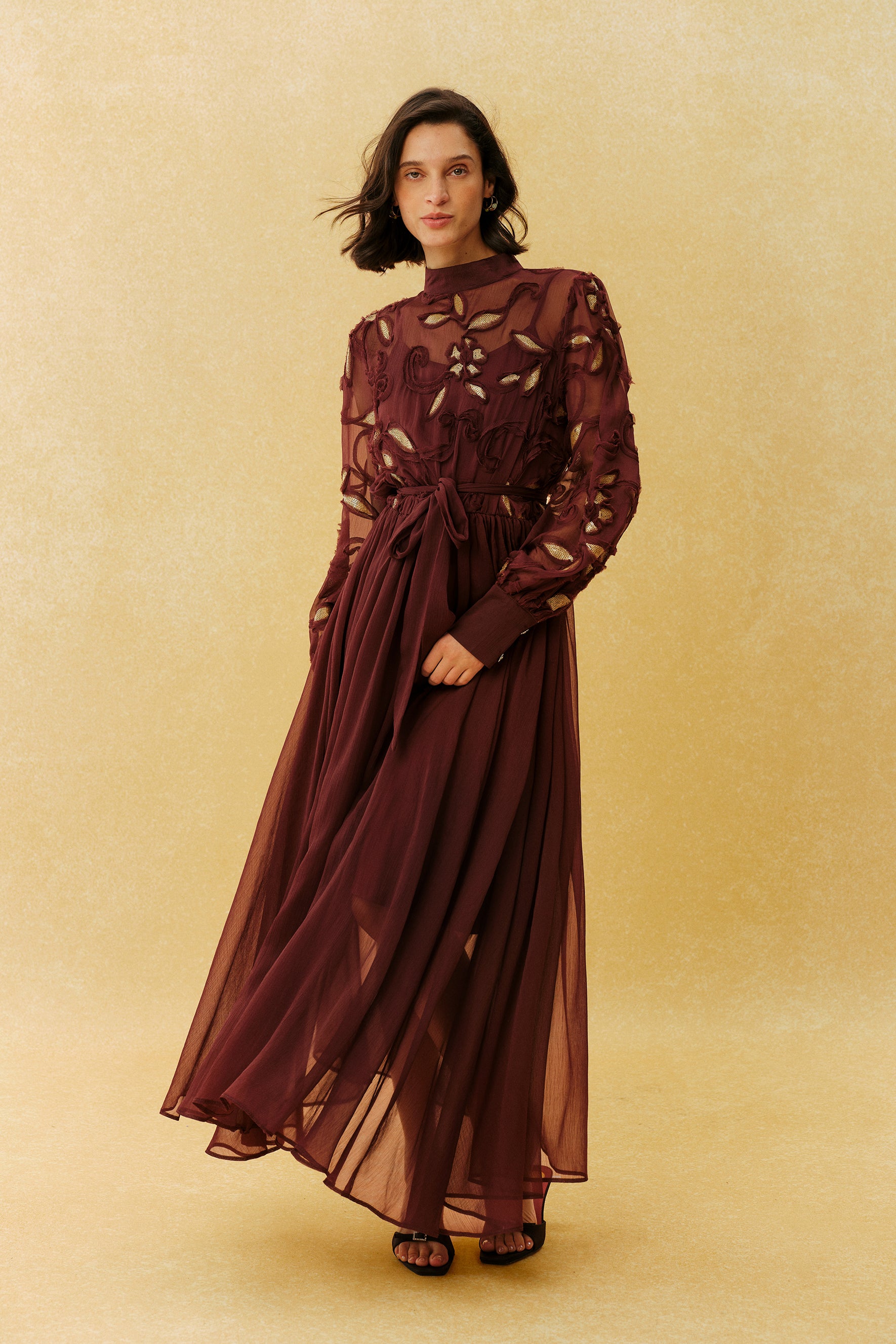 Burgundy Gold Embroidery Long Sleeve Maxi Dress - view 5