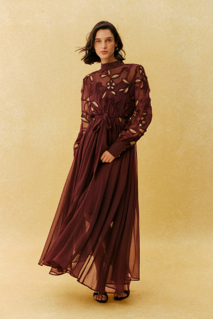 Burgundy Gold Embroidery Long Sleeve Maxi Dress - view 5