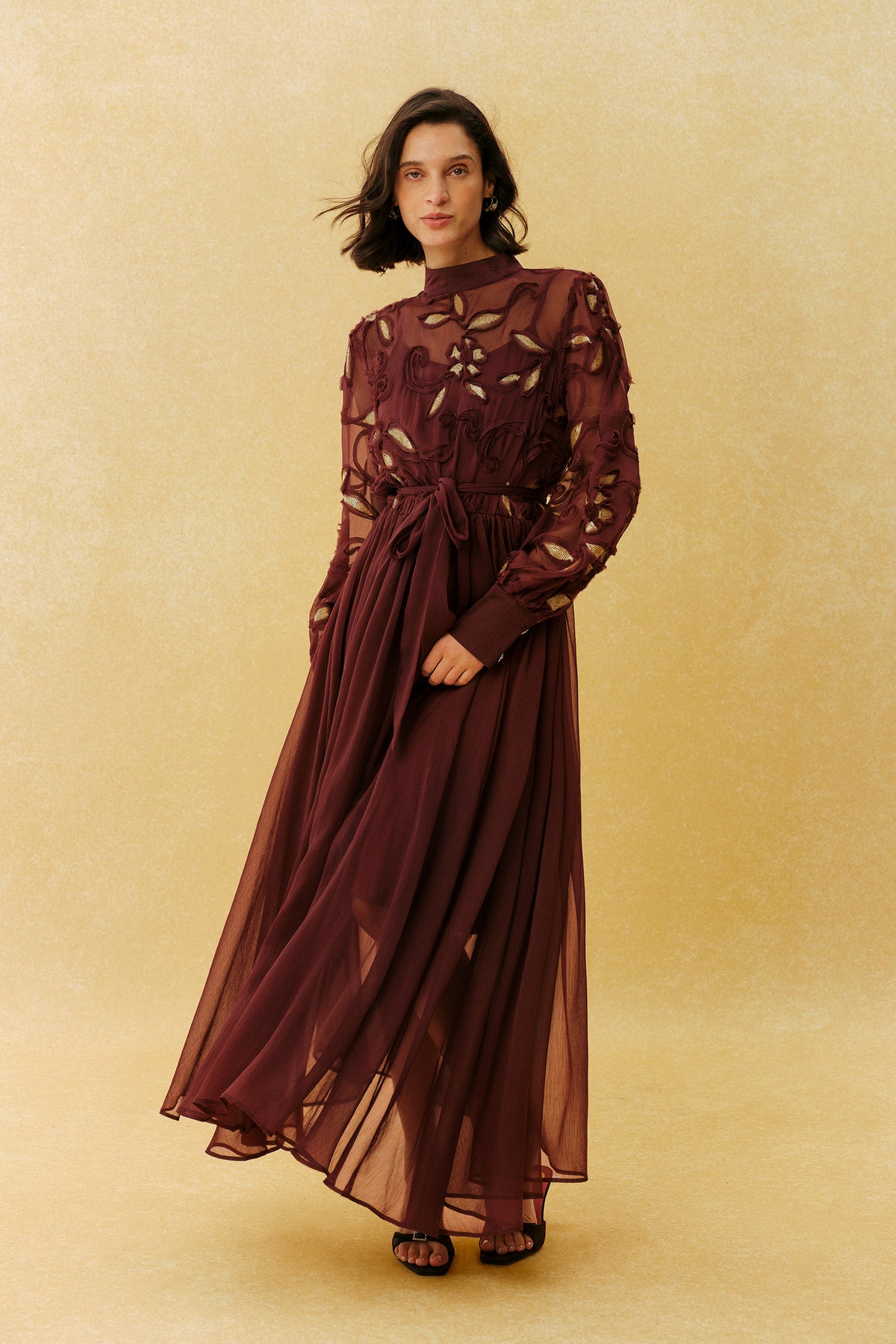 Floral Embroidery Maxi Dress Long Sleeve Tie-Waist Gown - 5