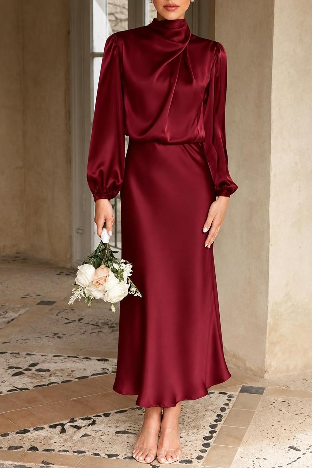 Satin High-Neck Midi Dress - 15