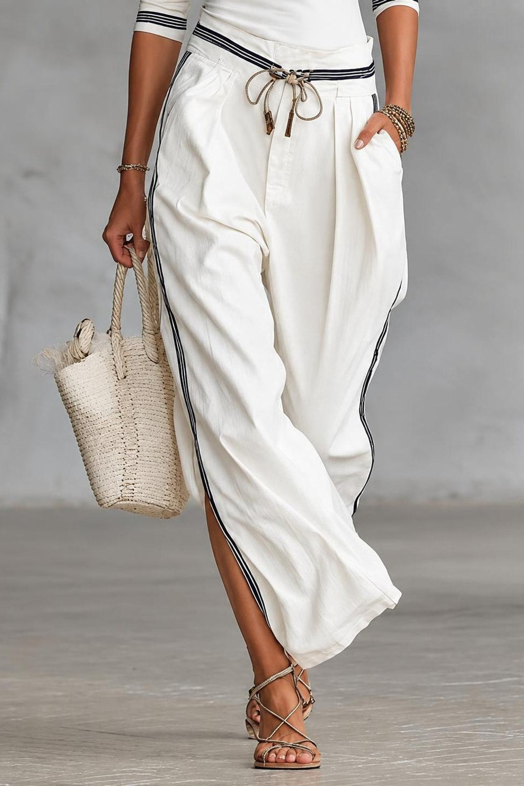 Striped-Trim Two-Piece Set With Wide-Leg Pants - 5