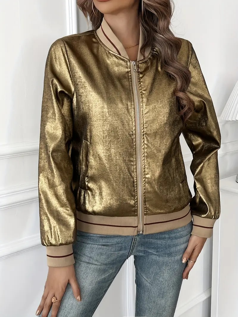 Metallic Bomber Jacket With Ribbed Collar - view 6