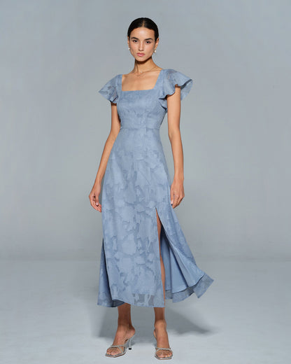 Blue Jacquard Square Neck Midi Dress - view 4