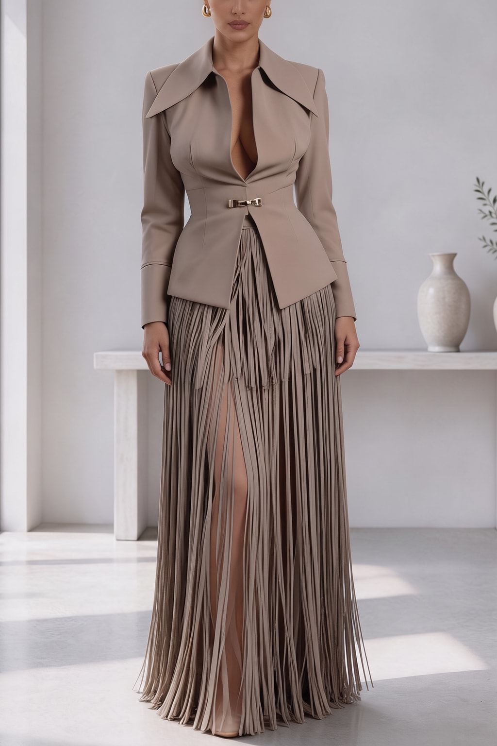 Khaki Polyester Blazer And Tassel Skirt Two-Piece Set - 4