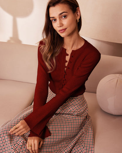 Red ribbed knit top with long bell sleeves - view 4