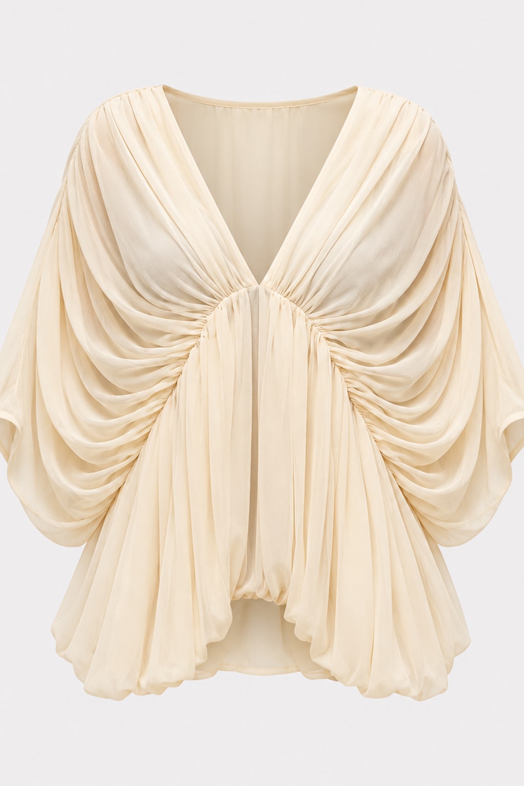 Chiffon Blouse Pleated V-Neck French Style - 1