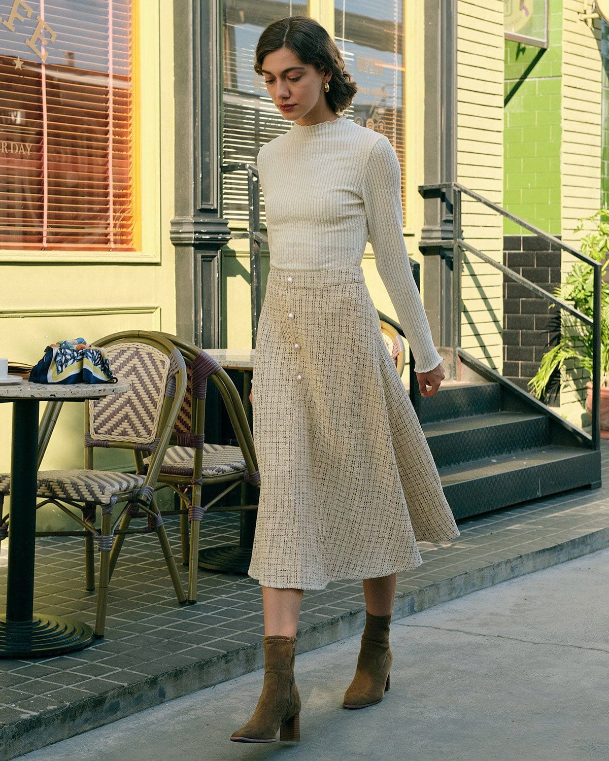 Beige High-Waisted Tweed Midi Skirt - view 3