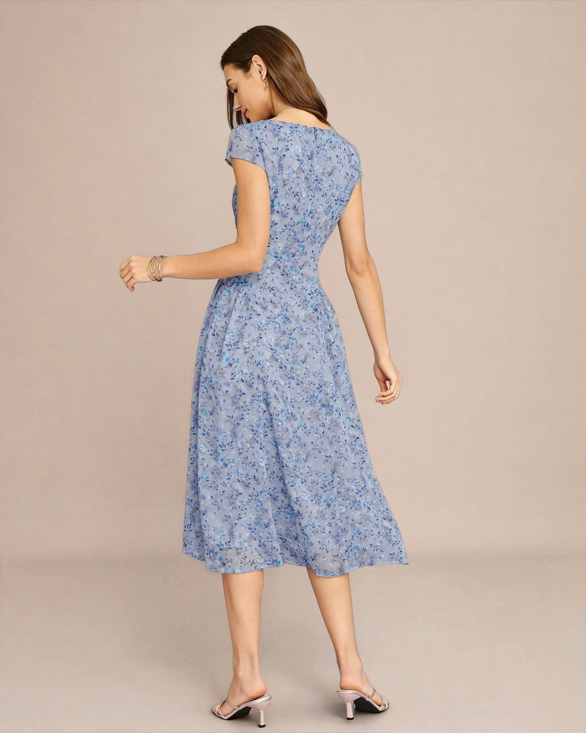 Blue Floral A-Line Button-Front Midi Dress - view 4