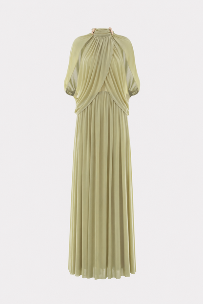 Green Draped Maxi Dress with Cape Sleeves