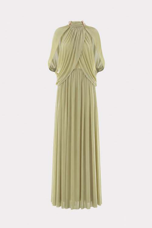Green Draped Maxi Dress with Cape Sleeves