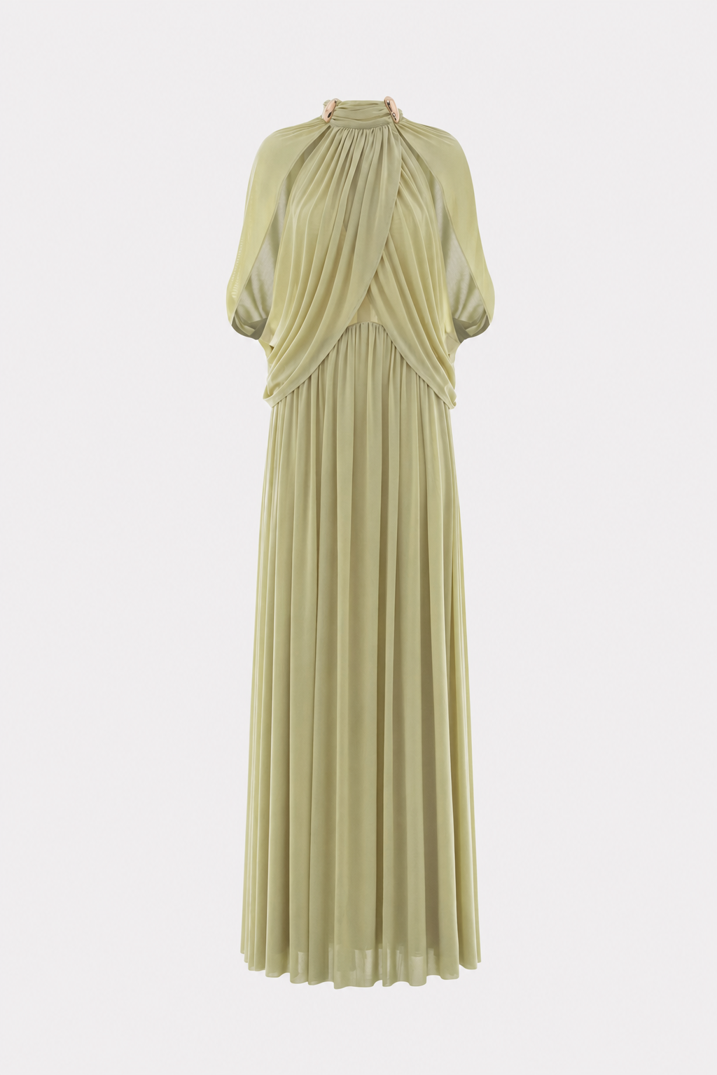 Green Draped Maxi Dress With Cape Sleeves & Pleated Skirt - 1