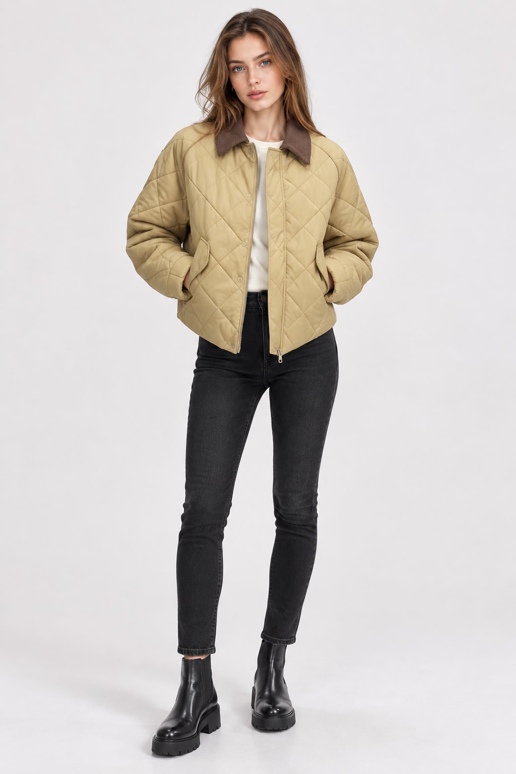 Quilted Jacket Lapel Cropped Winter Coat - 2