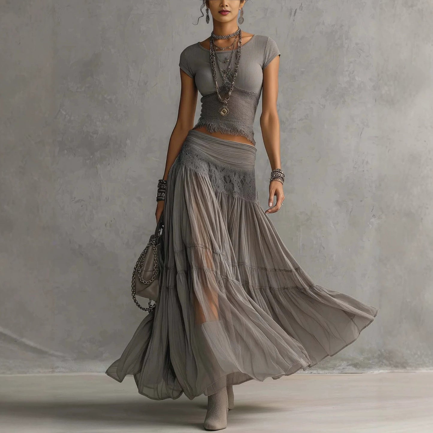 Lace Panel Top and Pleated Maxi Skirt Set - view 2