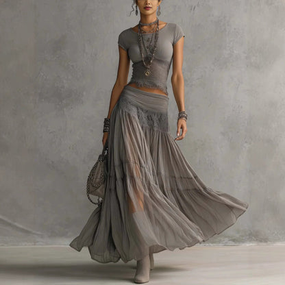 Lace Panel Top and Pleated Maxi Skirt Set - view 2