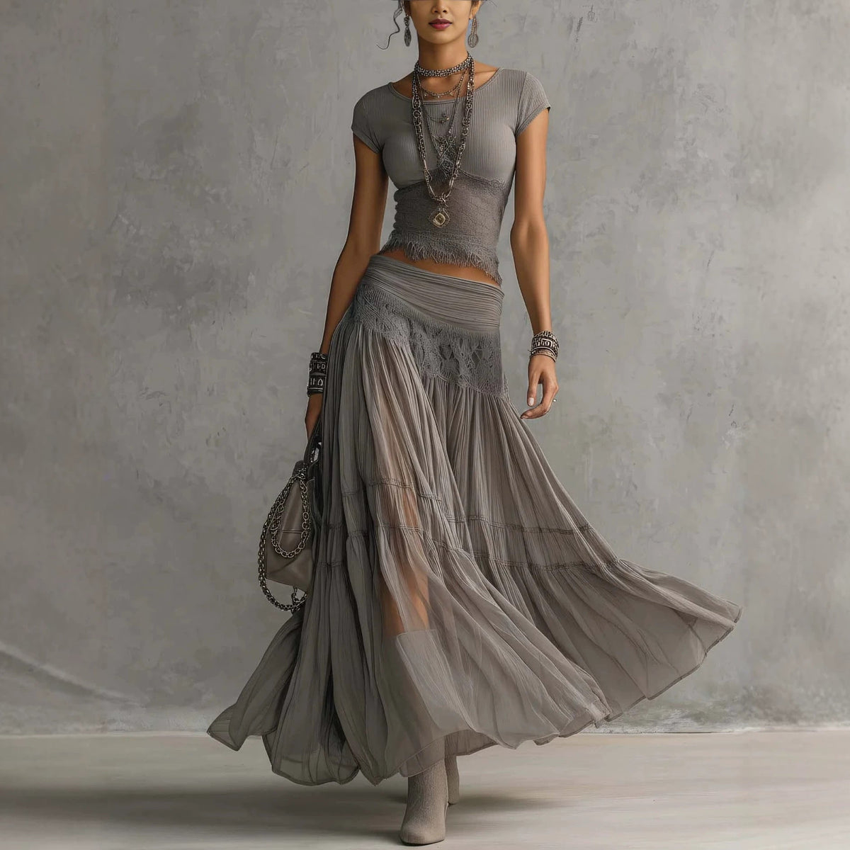 Lace Paneled Two-Piece Maxi Skirt Set - 2