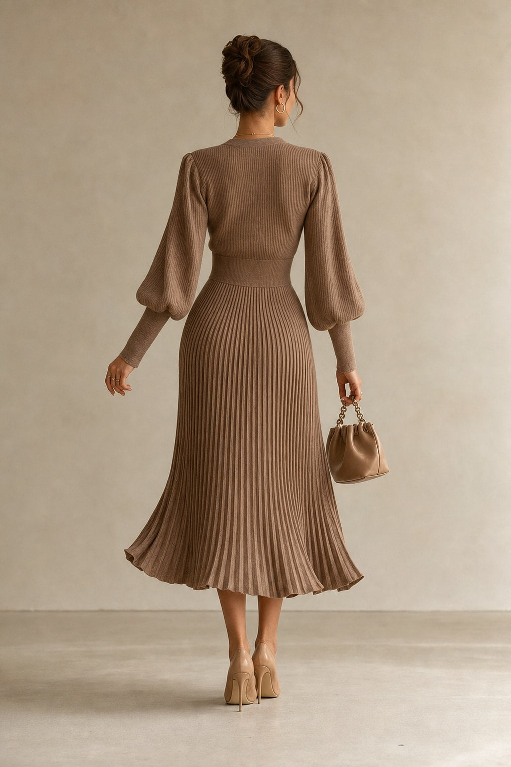 Balloon Sleeve V-Neck Midi Dress - 3
