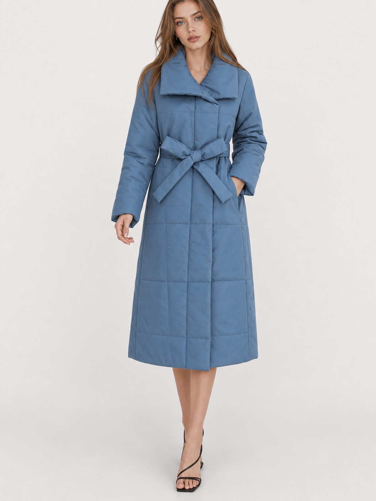 Warm Quilted Cotton Blend Long Coat With Belted Collar - 3