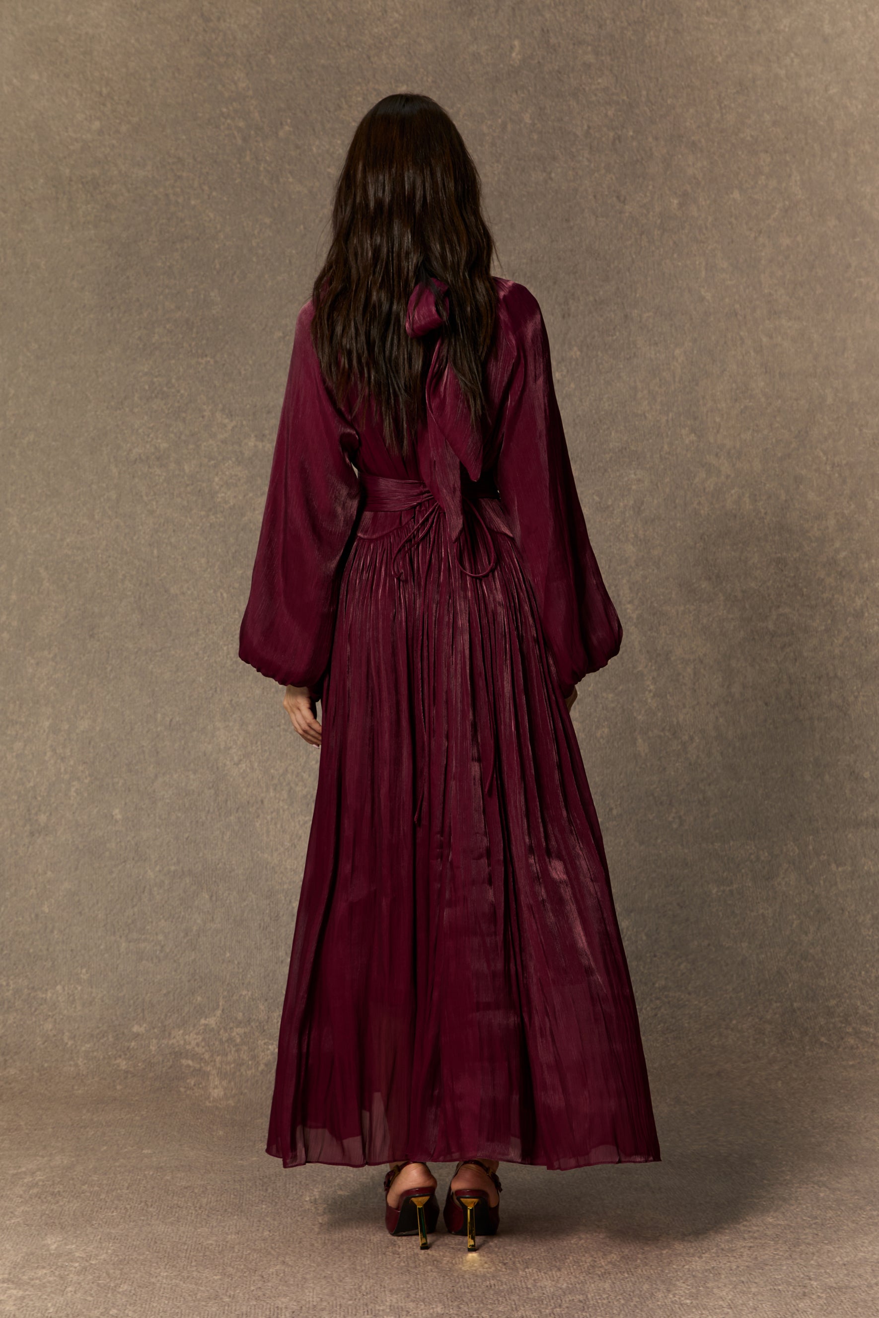 Maxi dress with pearl-trimmed collar and rosette brooches - view 4