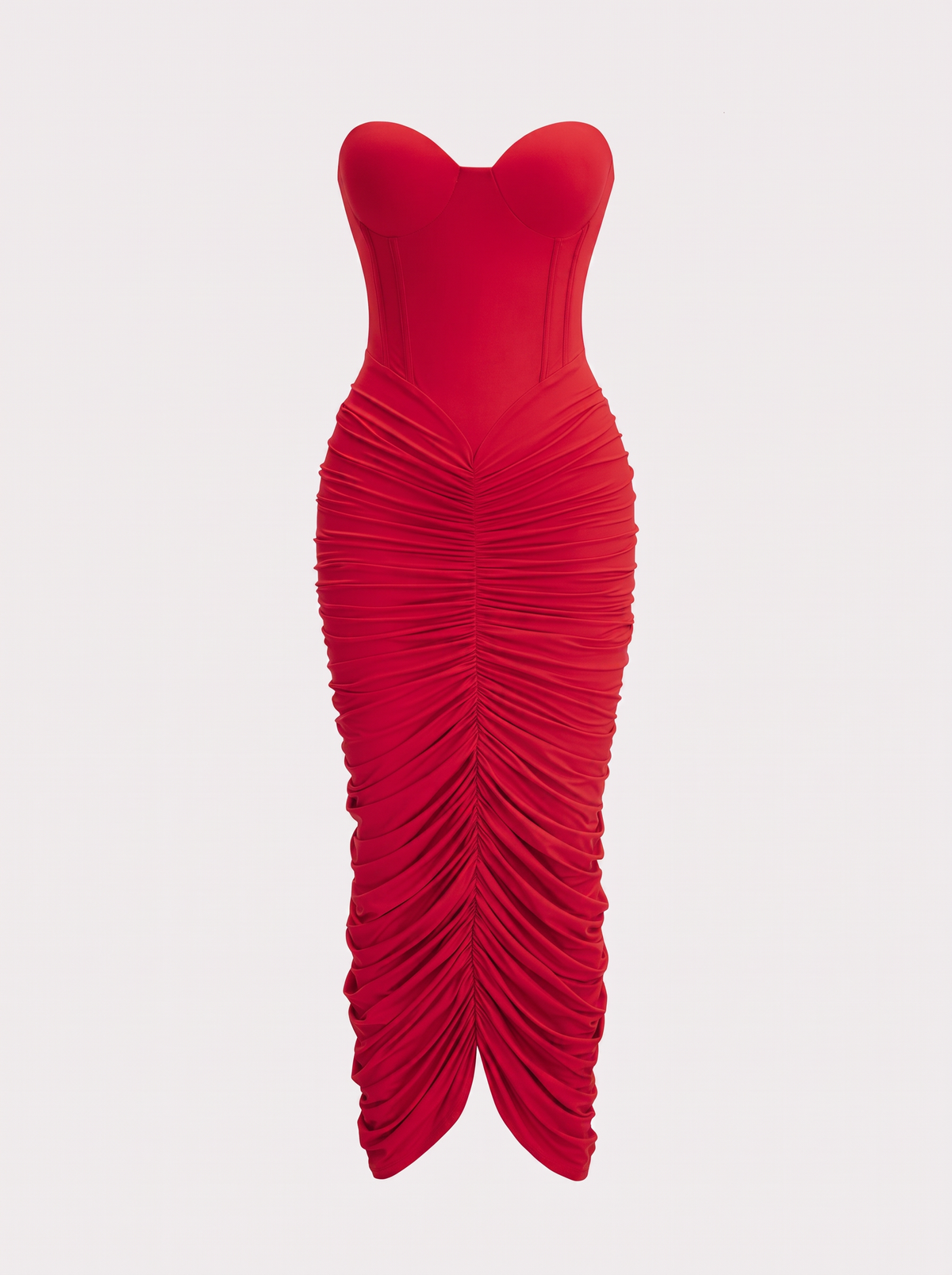 Red strapless ruched corset maxi dress