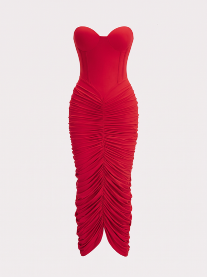 Red strapless ruched corset maxi dress