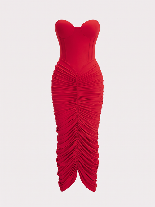 Red strapless ruched corset maxi dress