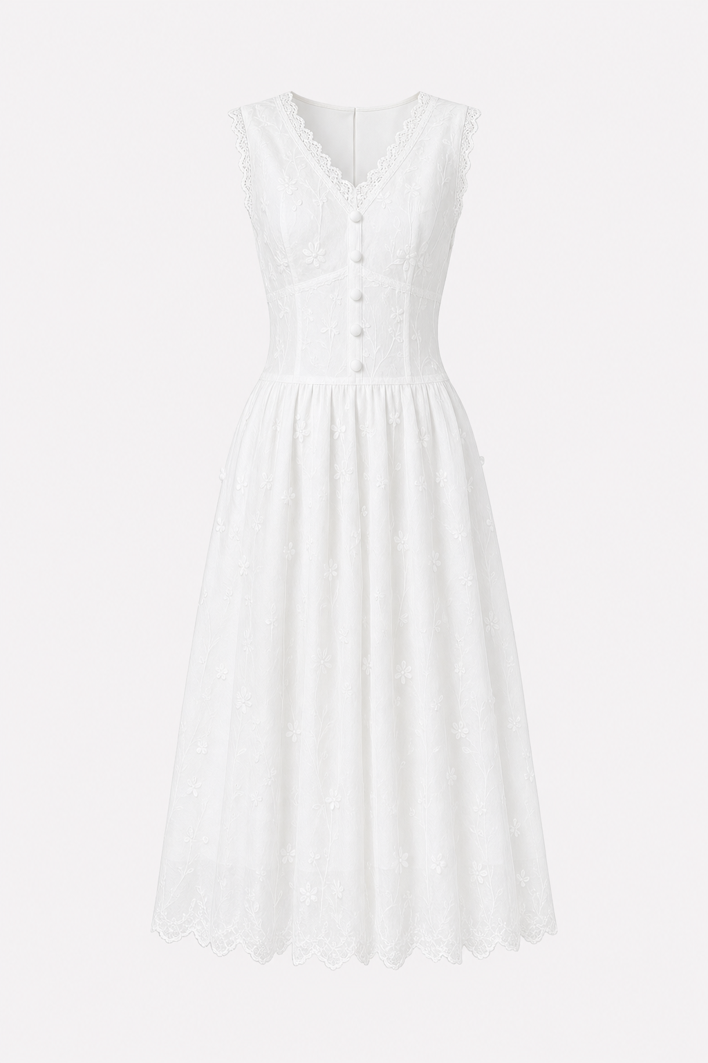 White V-neck embroidered cotton midi dress
