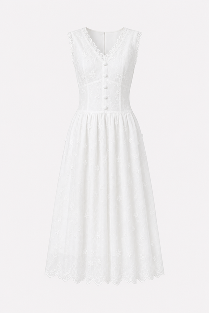 White V-neck embroidered cotton midi dress