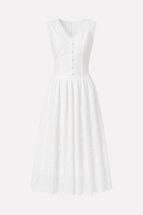 White V-neck embroidered cotton midi dress
