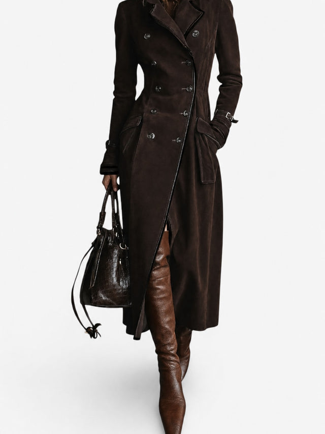 Faux Suede Double Breasted Long Trench Coat - 4