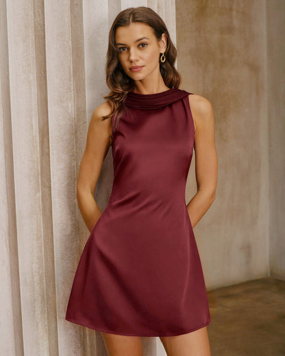 Wine red satin cowl neck backless mini dress - view 3