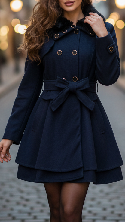Navy Belted Coat With Faux Fur Collar - view 3