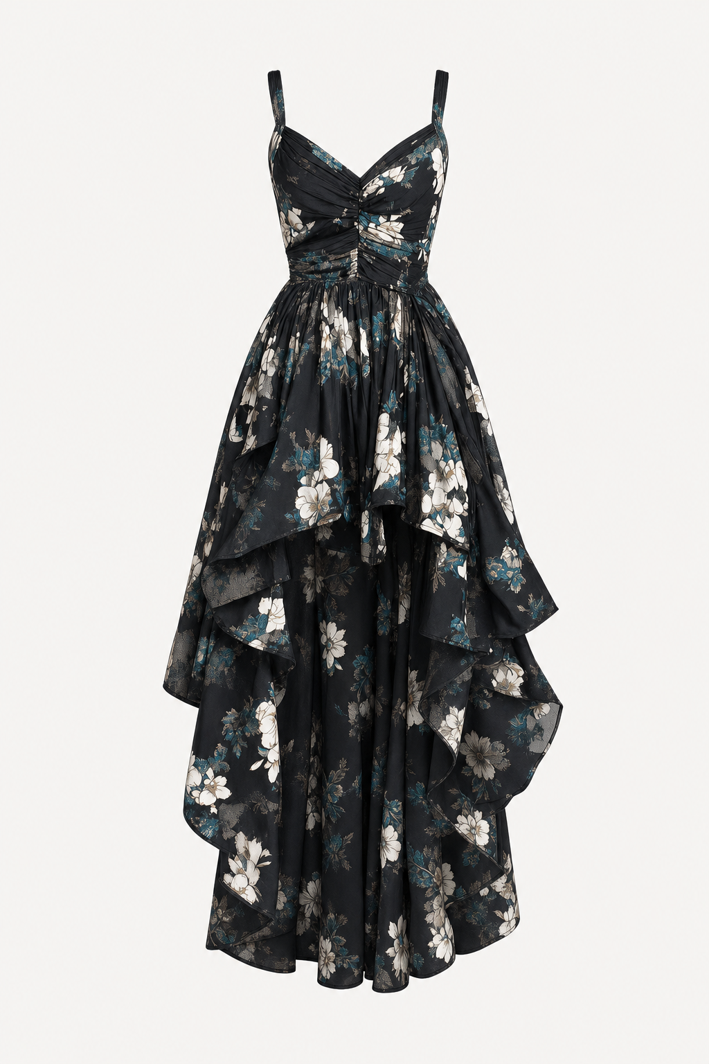 Black Floral Hi-Low Maxi Dress, Smocked Waist