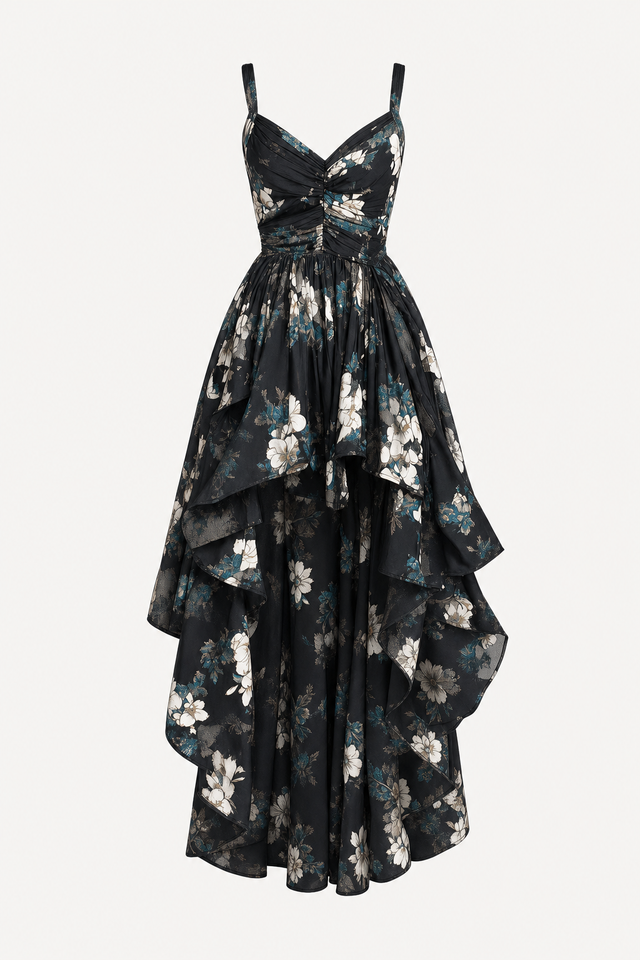 Black Floral Hi-Low Maxi Dress, Smocked Waist