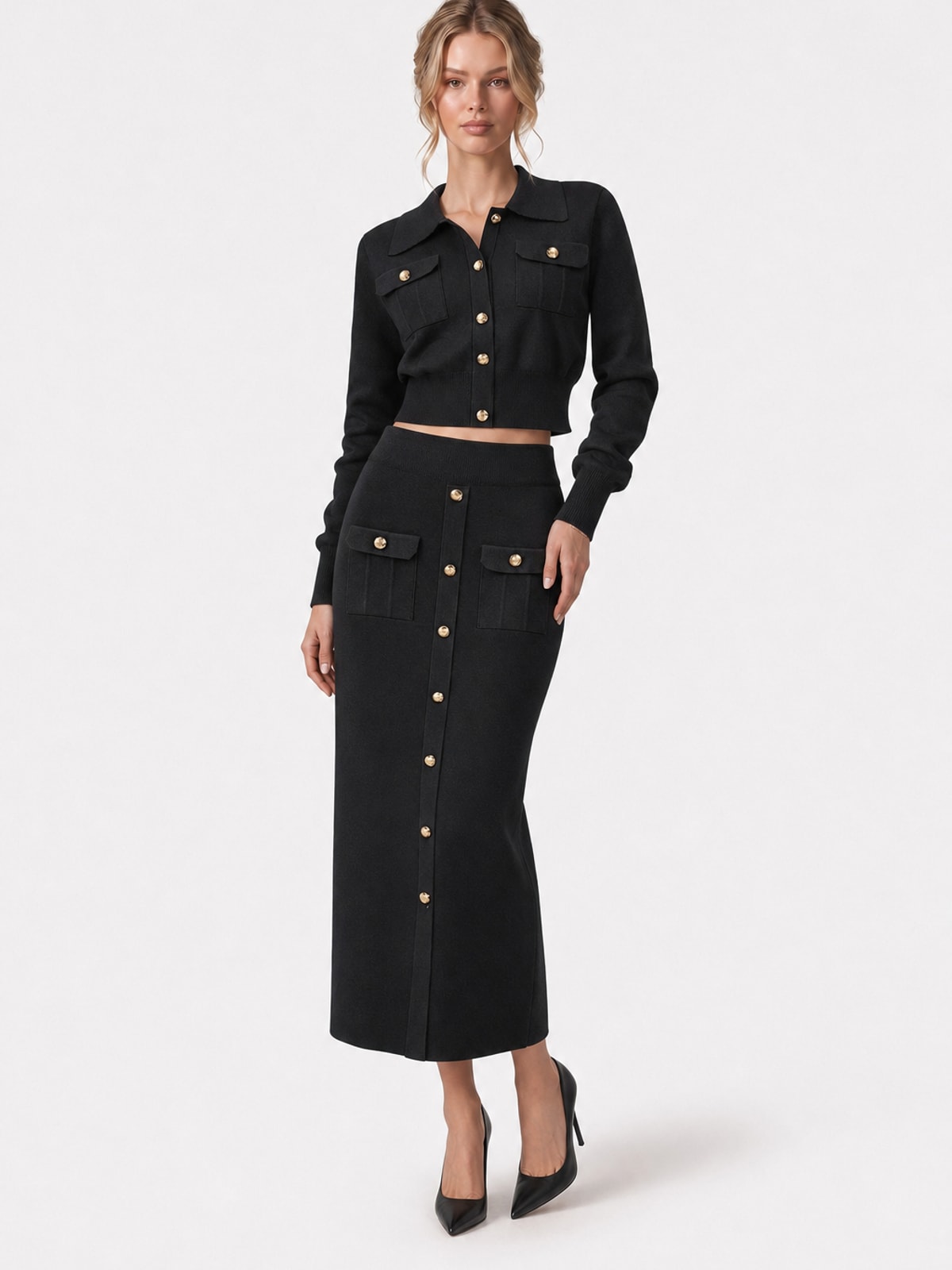 Knit Cardigan and Midi Skirt Set with Metal-Button Collar - 6