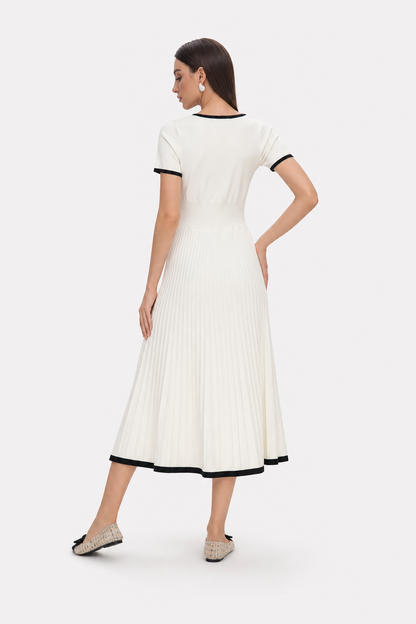 White soft knit sweater midi dress with contrast trim - view 4