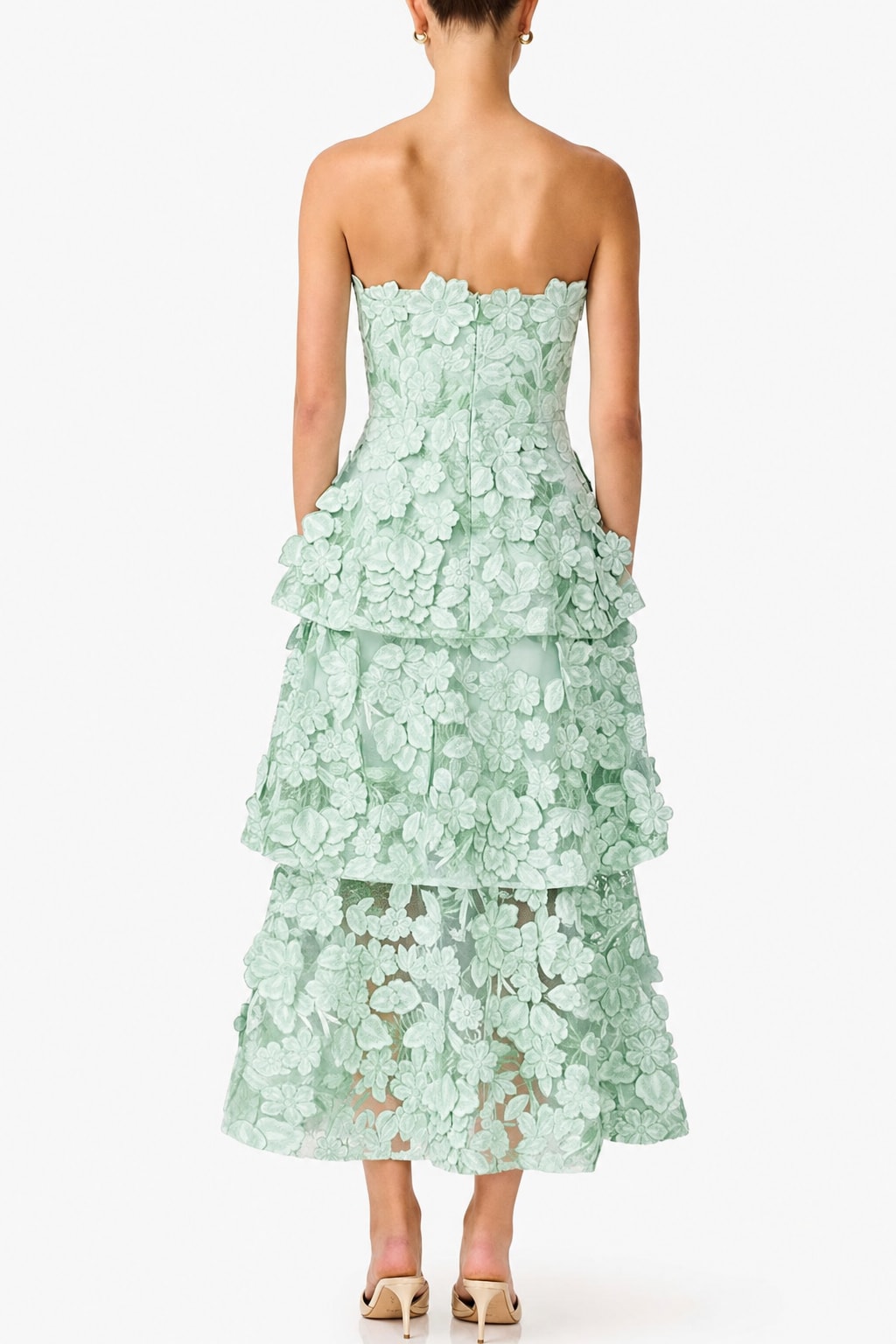 Green Embroidered Off Shoulder Tiered Maxi Dress - 3