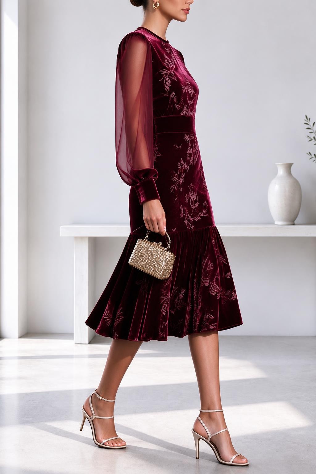 Polyester Dress With Sheer Sleeves - 3