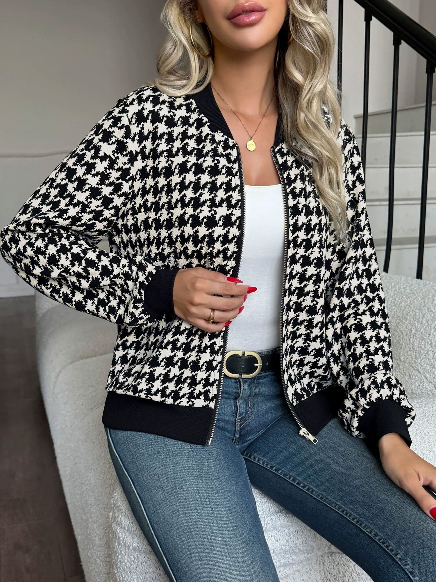 Black Bomber Jacket with Houndstooth Ribbed Trim - view 4