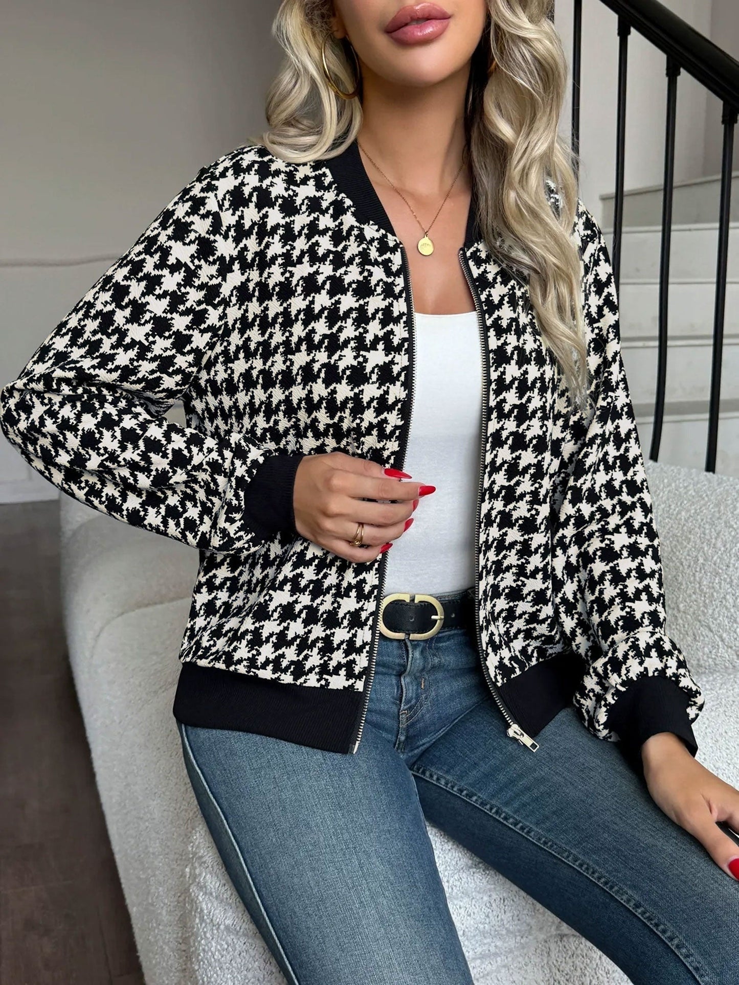 Black Houndstooth Bomber Jacket, Hip Length - view 3